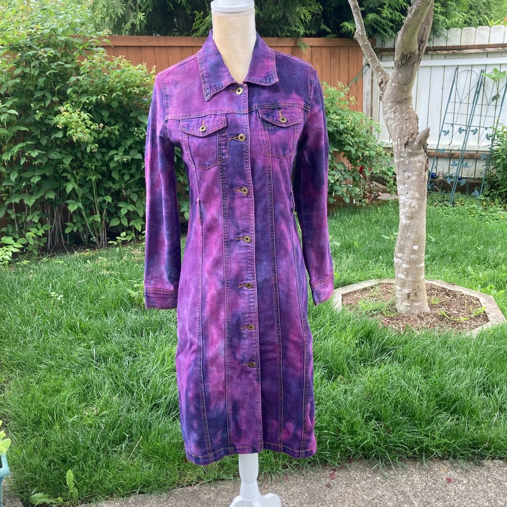 Dyed vintage denim long jean jacket - Picture 2 of 16